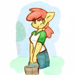 Size: 777x777 | Tagged: safe, artist:zutcha, imported from derpibooru, apple bloom, anthro, earth pony, bucket, clothes, denim, female, freckles, hair wrap, jeans, older, pants, shirt, smiling, solo, t-shirt, teenage apple bloom, wrong eye color