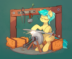 Size: 2016x1634 | Tagged: safe, artist:rexyseven, imported from derpibooru, oc, oc only, oc:karoline skies, earth pony, pony, green background, grindstone, hammer, hay bale, sharpening, simple background, solo, sword, tongs, weapon