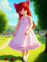 Size: 1536x2048 | Tagged: safe, imported from derpibooru, prompter:credus, apple bloom, human, adorabloom, ai content, ai generated, apple, clothes, cute, dress, female, food, generator:stable diffusion, grass, humanized, outdoors, pink dress, scenery, scenery porn, smiling, solo, technically advanced, tree