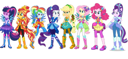 Size: 862x400 | Tagged: safe, artist:uicj, imported from derpibooru, applejack, fluttershy, pinkie pie, rainbow dash, rarity, sci-twi, starlight glimmer, sunset shimmer, twilight sparkle, human, equestria girls, boots, clothes, cowboy boots, crystal guardian, gloves, high heel boots, humane five, humane seven, humane six, shoes, simple background, transparent background