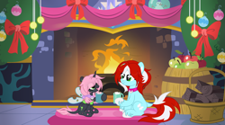 Size: 5382x3000 | Tagged: safe, artist:vi45, imported from derpibooru, oc, oc only, oc:oculus, oc:peppermint, changeling, earth pony, pony, apple, barrel, chocolate, christmas, female, fire, fireplace, food, green changeling, holiday, hot chocolate, lesbian, lesbian couple, log, looking at each other, looking at someone, married couple, ornaments, two toned mane