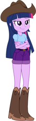 Size: 485x1647 | Tagged: safe, artist:ajosterio, imported from derpibooru, twilight sparkle, human, equestria girls, belt, boots, clothes, clothes swap, cowboy boots, cowboy hat, cowgirl, hat, high heel boots, shirt, shoes, shorts, simple background, solo, stetson, t-shirt, transparent background