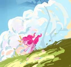 Size: 1280x1203 | Tagged: safe, artist:megalura, imported from derpibooru, pinkie pie, earth pony, pony, cloud, eyes closed, female, grass, grass field, grin, mare, nose in the air, running, sky, smiling, solo, windswept mane