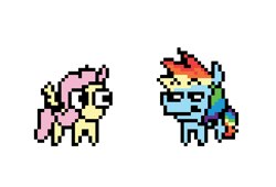 Size: 810x550 | Tagged: safe, artist:punkittdev, imported from derpibooru, fluttershy, rainbow dash, pegasus, pony, duo, eyebrows, female, looking at each other, looking at someone, mare, pixel art, raised eyebrow, simple background, smiling, white background