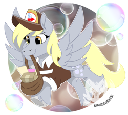 Size: 940x850 | Tagged: safe, artist:nightlightartz, imported from derpibooru, derpy hooves, pegasus, pony, bag, bubble, cute, derpabetes, hat, mailbag, mailmare hat, mailmare uniform, mouth hold, obtrusive watermark, simple background, solo, transparent background, watermark