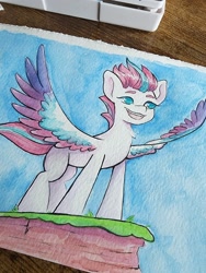 Size: 1536x2048 | Tagged: safe, artist:saphypone, imported from derpibooru, zipp storm, pegasus, pony, female, g5, looking forward, mare, photo, solo, traditional art, watercolor painting