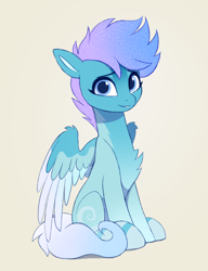 Size: 1800x2340 | Tagged: safe, artist:luminousdazzle, imported from derpibooru, oc, oc only, oc:arctic breeze, pegasus, pony, blue eyes, chest fluff, colored wings, female, mare, markings, multicolored hair, multicolored wings, pegasus oc, simple background, sitting, smiling, solo, stripes, wings