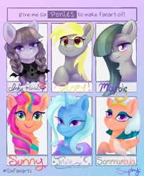 Size: 1669x2048 | Tagged: safe, artist:saphypone, imported from derpibooru, derpy hooves, inky rose, marble pie, somnambula, sunny starscout, trixie, earth pony, pegasus, pony, unicorn, six fanarts, egyptian, egyptian headdress, egyptian pony, female, g5, mare