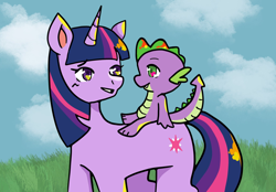 Size: 2048x1423 | Tagged: safe, artist:mlpstim, imported from derpibooru, spike, twilight sparkle, dragon, pony, unicorn, cloud, dragons riding ponies, duo, duo male and female, fangs, female, looking at each other, looking at someone, male, mare, outdoors, riding, sitting, smiling, spike riding twilight, starry eyes, tail, unicorn twilight, wingding eyes