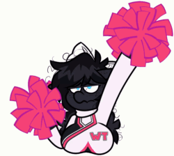 Size: 1200x1076 | Tagged: safe, artist:threetwotwo32232, imported from derpibooru, oc, oc only, oc:femme, anthro, earth pony, animated, bow, cheerleader, female, gif, hair bow, messy hair, pom pom, simple background, solo, white background