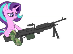 Size: 900x675 | Tagged: safe, artist:slamjam, imported from derpibooru, starlight glimmer, pony, unicorn, clothes, female, gun, m240, mare, simple background, socks, solo, thigh highs, weapon, white background