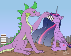 Size: 3662x2876 | Tagged: safe, artist:lightning bolty, edit, editor:snowy comet, imported from derpibooru, spike, twilight sparkle, alicorn, dragon, pony, the last problem, animated, animated png, building, cartoon physics, city, cityscape, colored, concave belly, cracked ground, cracks, cute, destruction, digestion without weight gain, eating, ethereal mane, ethereal tail, feeding, female, flat colors, floppy ears, folded wings, gradient mane, gulp, hammerspace, hammerspace belly, height difference, high res, implied mass vore, implied vore, long mane, looking at each other, looking at someone, macro, male, neck bulge, object stuffing, object vore, older, older spike, older twilight, princess twilight 2.0, rubble, ruined city, scenery, shipping, signature, sitting, sky, slim, smiling, smiling at each other, starry mane, starry tail, sternocleidomastoid, straight, swallowing, tail, tall, thin, throat bulge, twiabetes, twilight sparkle (alicorn), twipred, twispike, vore, vore sequence, wall of tags, wingless, wings