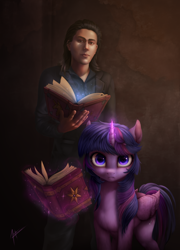 Size: 1600x2223 | Tagged: safe, artist:zetamad, imported from derpibooru, twilight sparkle, alicorn, human, unicorn, book, commission, glowing, glowing horn, horn, magic, magic aura, telekinesis, twilight sparkle (alicorn)