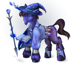 Size: 1298x1158 | Tagged: safe, artist:leastways, imported from derpibooru, oc, oc only, oc:azure lore, pony, unicorn, book, boots, cloak, clothes, commission, facial hair, goatee, hat, horn, long horn, magic, potion, shoes, simple background, solo, staff, transparent background, wizard, wizard hat