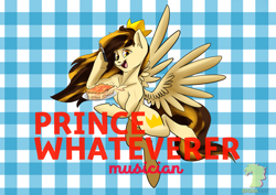 Size: 4961x3508 | Tagged: safe, artist:mekblue, imported from derpibooru, oc, oc only, oc:prince whateverer, pegasus, pony, absurd resolution, collarbone, crown, eponafest, food, fork, jewelry, lasagna, pasta, regalia, slim, solo, sternocleidomastoid, thin