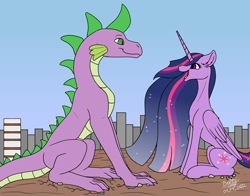 Size: 3662x2876 | Tagged: safe, artist:lightning bolty, imported from derpibooru, spike, twilight sparkle, alicorn, dragon, pony, the last problem, cartoon physics, city, cityscape, colored, colored belly, concave belly, cracked ground, cracks, cute, duo, ear fluff, ethereal mane, ethereal tail, eyelashes, female, flat colors, floppy ears, folded wings, gradient mane, hammerspace, hammerspace belly, happy, high res, implied mass vore, long mane, looking at each other, looking at someone, macro, male, older, older spike, older twilight, open mouth, open smile, princess twilight 2.0, rubble, ruined city, scaled underbelly, scenery, shipping, signature, sitting, sky, slim, slit pupils, smiling, smiling at each other, starry mane, starry tail, sternocleidomastoid, straight, striped mane, striped tail, tail, tall, thin, twiabetes, twilight sparkle (alicorn), twispike, wall of tags, wings