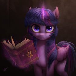 Size: 1600x1600 | Tagged: safe, artist:zetamad, imported from derpibooru, twilight sparkle, alicorn, pony, bangs, book, colored, glowing, glowing horn, horn, lighting, looking at you, magic, magic aura, shading, sidebangs, solo, telekinesis, twilight sparkle (alicorn)