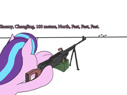 Size: 1000x750 | Tagged: safe, artist:slamjam, imported from derpibooru, starlight glimmer, changeling, pony, unicorn, female, gun, on ground, pkm, weapon