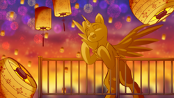 Size: 1920x1080 | Tagged: safe, artist:fluffywhirlpool, imported from derpibooru, oc, pony, advertisement, any gender, any race, belly, chinese new year, commission, fireworks, full body, lantern, looking at something, open mouth, open smile, paper lantern, sky, sky background, smiling, solo, spread wings, wings, your character here