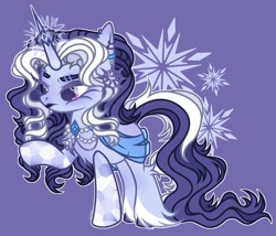 Size: 1280x1095 | Tagged: safe, artist:justsadluna, imported from derpibooru, oc, oc only, pony, unicorn, ear piercing, earring, eyelashes, female, hoof fluff, horn, horn ring, jewelry, mare, necklace, pearl necklace, piercing, purple background, raised hoof, ring, simple background, solo, unicorn oc