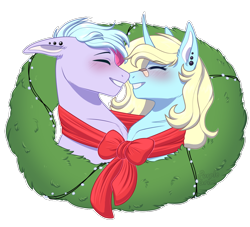 Size: 1100x1000 | Tagged: safe, artist:purplegrim40, imported from derpibooru, oc, oc only, earth pony, pony, unicorn, blushing, bust, clothes, commission, duo, ear piercing, earth pony oc, eyes closed, grin, horn, oc x oc, piercing, scarf, shared clothing, shared scarf, shipping, simple background, smiling, transparent background, unicorn oc, wreath, ych result