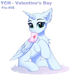 Size: 2500x2549 | Tagged: safe, artist:fluffywhirlpool, imported from derpibooru, oc, pony, advertisement, any gender, any race, chest fluff, commission, ear fluff, full body, hearts and hooves day, holiday, letter, looking at you, love letter, mouth hold, raised hoof, simple background, sitting, solo, valentine's day, white background, your character here