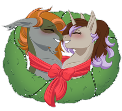 Size: 1100x1000 | Tagged: safe, artist:purplegrim40, imported from derpibooru, oc, oc only, earth pony, pony, unicorn, blushing, bust, clothes, commission, duo, earth pony oc, eyes closed, floppy ears, grin, horn, oc x oc, scarf, shared clothing, shared scarf, shipping, simple background, smiling, transparent background, unicorn oc, wreath, ych result