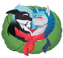 Size: 1100x1000 | Tagged: safe, artist:purplegrim40, imported from derpibooru, oc, oc only, oc:bubble lee, oc:mako, pony, unicorn, blushing, braid, bust, clothes, commission, duo, eyes closed, female, grin, horn, makolee, male, oc x oc, scarf, shared clothing, shared scarf, shipping, simple background, smiling, straight, transparent background, unicorn oc, wreath, ych result