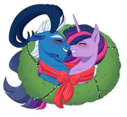 Size: 1300x1200 | Tagged: safe, artist:purplegrim40, imported from derpibooru, grogar, twilight sparkle, alicorn, pony, sheep, the last problem, blushing, bust, clothes, commission, crack shipping, duo, eyes closed, female, grin, male, older, older twilight, princess twilight 2.0, ram, scarf, shared clothing, shared scarf, shipping, simple background, smiling, straight, transparent background, twigar, twilight sparkle (alicorn), wreath, ych result