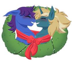 Size: 1150x1000 | Tagged: safe, artist:purplegrim40, imported from derpibooru, oc, oc only, oc:keygun, oc:maple parapet, bat pony, pony, unicorn, blushing, bust, clothes, commission, duo, earth pony oc, eyes closed, floppy ears, grin, horn, male, oc x oc, scarf, shared clothing, shared scarf, shipping, simple background, smiling, stallion, transparent background, unicorn oc, wreath, ych result