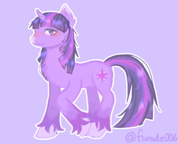 Size: 2880x2343 | Tagged: safe, artist:furude006, imported from derpibooru, twilight sparkle, pony, unicorn, chest fluff, ear fluff, female, mare, purple background, simple background, solo, unicorn twilight, unshorn fetlocks