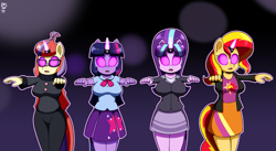 Size: 2633x1442 | Tagged: safe, artist:dr. chaos, imported from derpibooru, moondancer, starlight glimmer, sunset shimmer, twilight sparkle, anthro, unicorn, big breasts, breasts, busty moondancer, busty starlight glimmer, busty sunset shimmer, busty twilight sparkle, clothes, cutie mark on clothes, equestria girls outfit, female, glasses, horn, horn ring, hypno eyes, kaa eyes, mind control, ring, s5 starlight, skirt