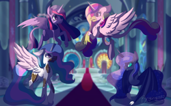 Size: 3637x2260 | Tagged: safe, artist:brybrychan, imported from derpibooru, princess cadance, princess celestia, princess luna, twilight sparkle, alicorn, bat pony, changeling, dragon, griffon, hybrid, longma, original species, pony, timber pony, timber wolf, alicorn tetrarchy, alternate design, colored, concave belly, flying, indoors, lighting, physique difference, shading, slim, species swap, thin, transformation, twilight sparkle (alicorn)