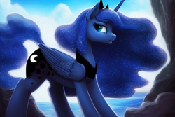 Size: 1920x1280 | Tagged: safe, derpibooru exclusive, editor:dovakkins, imported from derpibooru, princess luna, alicorn, pony, ai content, ai generated, beautiful, cliff, crown, ethereal mane, ethereal tail, female, folded wings, generator:stable diffusion, jewelry, mare, ocean, peytral, regalia, solo, tail, water, wings