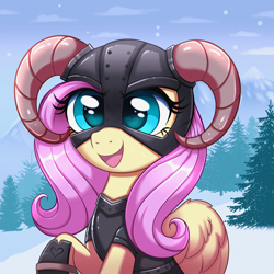 Size: 4000x4000 | Tagged: safe, artist:confetticakez, imported from derpibooru, fluttershy, pegasus, pony, absurd resolution, armor, armored pony, badass, crossover, cute, dovahkiin, dovahshy, female, flutterbadass, heart, heart eyes, helmet, horned helmet, mare, open mouth, open smile, parody, shyabetes, skyrim, smiling, snow, solo, the elder scrolls, tree, wingding eyes