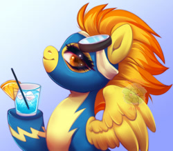 Size: 878x768 | Tagged: safe, artist:cabbage-arts, imported from derpibooru, spitfire, pegasus, pony, clothes, drinking straw, female, food, glass, goggles, goggles on head, hoof hold, ice cube, mare, orange, raised hoof, solo, uniform, wonderbolts, wonderbolts uniform