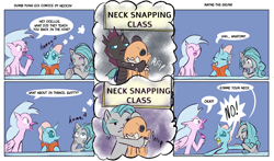 Size: 3400x2000 | Tagged: safe, artist:skunkstripe, imported from derpibooru, ocellus, silverstream, swift foot, changeling, hippogriff, pony, comic, dialogue, dumb yung-six comics, dummy, female, mare, nail file, neck snap, pre changedling ocellus, simple background, sweat, sweatdrop, thracian