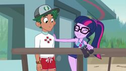 Size: 1280x720 | Tagged: safe, edit, edited screencap, imported from derpibooru, screencap, sci-twi, timber spruce, twilight sparkle, human, equestria girls, equestria girls series, unsolved selfie mysteries, binoculars, clothes, female, glasses, hat, inverted mouth, lifeguard, lifeguard timber, male, sci-twi swimsuit, shipping, smiling, straight, swimming trunks, swimsuit, timbertwi