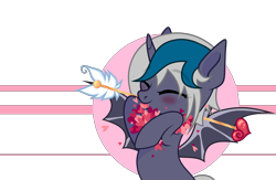 Size: 3382x2209 | Tagged: safe, artist:idkhesoff, imported from derpibooru, oc, oc only, oc:elizabat stormfeather, alicorn, bat pony, bat pony alicorn, pony, :p, alicorn oc, arrow, bat pony oc, bat wings, blushing, eyes closed, female, heart, heart arrow, holiday, horn, mare, simple background, solo, tongue out, transparent background, valentine's day, wings