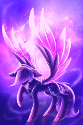 Size: 4000x6000 | Tagged: safe, artist:shad0w-galaxy, imported from derpibooru, oc, oc only, oc:shadow galaxy, pegasus, pony, absurd resolution, chest fluff, ethereal mane, ethereal wings, female, hooves, magic, mare, reflection, slim, solo, starry mane, starry wings, stars, thin, unshorn fetlocks, wings