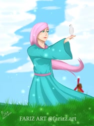 Size: 768x1024 | Tagged: safe, artist:lencai123, imported from derpibooru, fluttershy, bird, human, female, humanized, solo, windmill