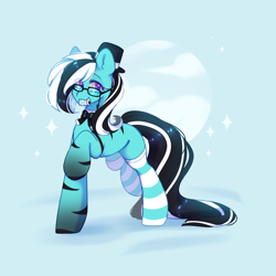 Size: 1800x1800 | Tagged: source needed, useless source url, safe, artist:cofiiclouds, imported from derpibooru, oc, oc only, oc:purapoint, earth pony, pony, blue pony, clothes, earth pony oc, glasses, hat, socks, solo, striped socks, top hat
