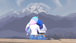 Size: 3840x2160 | Tagged: safe, artist:korizen, imported from derpibooru, princess celestia, princess luna, alicorn, anthro, 3d, bonding, clothes, denim, duo, female, hug, jeans, leaning, mountain, pants, watching, wholesome