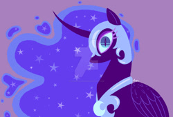 Size: 1083x738 | Tagged: safe, artist:cherrycandi, imported from derpibooru, nightmare moon, alicorn, pony, armor, curved horn, deviantart watermark, ethereal mane, female, helmet, horn, jewelry, lineless, looking at you, minimalist, obtrusive watermark, regalia, simple background, solo, starry mane, watermark