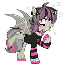 Size: 2000x2014 | Tagged: safe, artist:lambydwight, imported from derpibooru, oc, oc only, oc:gravel shine, bat pony, pony, blushing, clothes, collar, ear piercing, emo, piercing, pins, simple background, solo, transparent background, vector