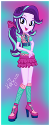 Size: 1272x3184 | Tagged: safe, artist:machakar52, imported from derpibooru, starlight glimmer, human, equestria girls, alternate hairstyle, bow, clothes, cute, cutie mark on clothes, eyebrows, female, glimmerbetes, hair bow, hands together, high heels, high res, jewelry, necklace, open mouth, open smile, ponytail, school uniform, shoes, signature, skirt, smiling, solo, winx club