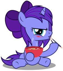 Size: 2990x3350 | Tagged: safe, artist:strategypony, imported from derpibooru, oc, oc only, oc:seafood dinner, pony, unicorn, blushing, bow, bowl, chopsticks, dexterous hooves, eating, female, filly, foal, food, hair bow, high res, hoof hold, horn, looking at you, seafood, shadow, simple background, sitting, solo, transparent background, unicorn oc