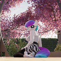 Size: 3840x3840 | Tagged: safe, artist:kenaga, imported from derpibooru, oc, oc:aurora starling, anthro, earth pony, plantigrade anthro, 3d, barefoot, blender, cherry blossoms, clothes, cute, feet, female, flower, flower blossom, gift art, glasses, grin, looking at you, looking back, looking back at you, nail polish, pants, skirt, smiling, smiling at you, soles, solo, tanktop, toenail polish, toes, tree