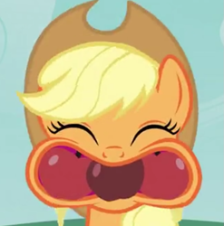 Size: 789x800 | Tagged: safe, imported from derpibooru, screencap, applejack, earth pony, pony, apple family reunion, apple, cheek bulge, cropped, eating, eyelashes, eyes closed, food, full mouth, hat, herbivore, imminent gulp, solo