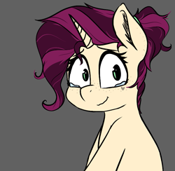 Size: 761x742 | Tagged: safe, artist:pinkberry, imported from derpibooru, oc, oc:mulberry merlot, pony, unicorn, colored sketch, crying, doodle, gray background, simple background, sketch, solo, tears of joy